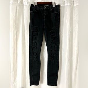 TOPSHOP Black Skinny & High Waist Jeans with Rips / Holes along Front of Legs